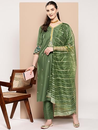 Image of INDO ERA Women's Cotton Blend Embroidered Straight Kurta Pant With Dupatta Set (23Aug271)