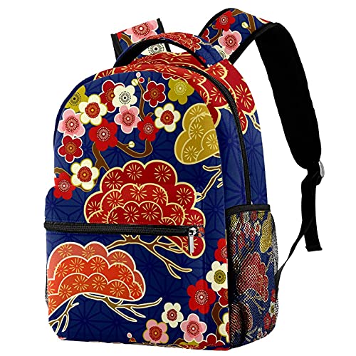 Sac à dos bleu motif japonais cerise avec porte-bouteille