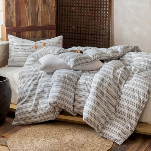 Image of EAVD Retro Grey White Striped Duvet Cover Queen Soft 100% Washed Cotton Reversible Striped Bedding Set with 2 Pillowcases Farmhouse Geometric Pattern Duvet Cover with Zipper Closure