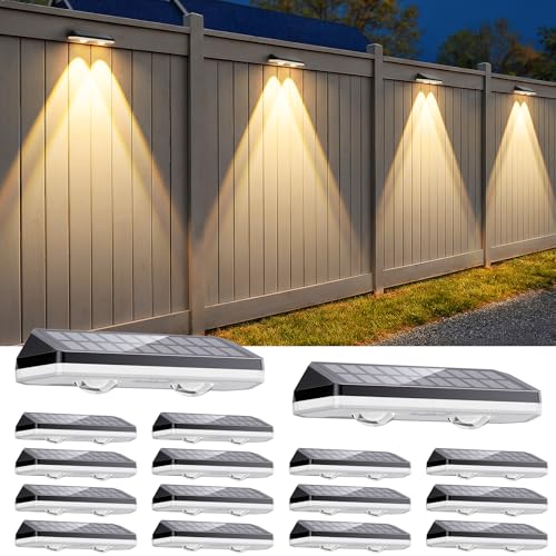 Image of Solar Fence Lights Outdoor,3000 /4500 /6000K /RGB 13 Mode 16PACK Fence Lights Solar Powered High Brightness LED Lens IP65 Waterproof Solar Wall Light for Outside /Patio /Step /Backyard /Railing Pool /Deck