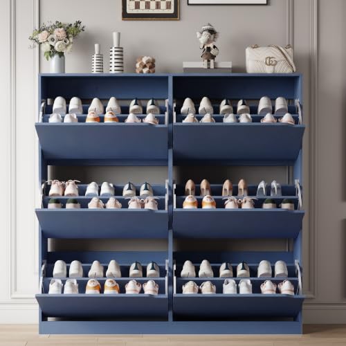 Image of Xixini Shoe Storage Cabinet for Entryway with 6 Flip Drawers, Sturdy Wood Hidden Shoe Storage, Freestanding Narrow Slim Shoe Organizer for Front Door Entrance, Living Room, Hallway, Bedroom, Blue