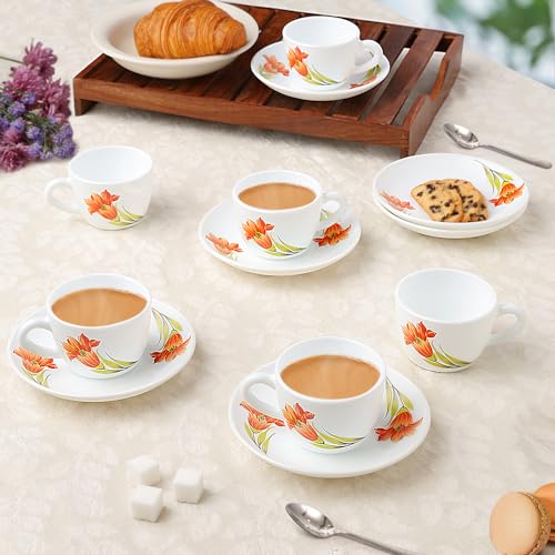 Larah by BOROSIL Red Iris Opalware Cup and Saucer Set of 12 pcs | Tea/Coffee Cups 140 ml | Microwave & Dishwasher Safe | Bone-Ash Free | Crockery Set 