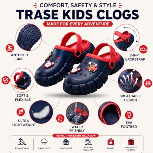 Image of TRASE Kids Clogs for Boys & Girls | Lightweight Anti-Skid Slip-On Footwear with Backstrap | Soft Comfortable Breathable Clogs for Indoor Outdoor Use