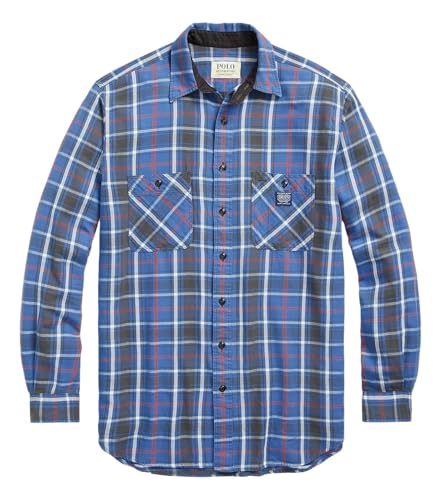 POLO RALPH LAUREN Men’s Classic Fit Denim & Supply Plaid Flannel Workshirt (Blue/Red Multi, L)