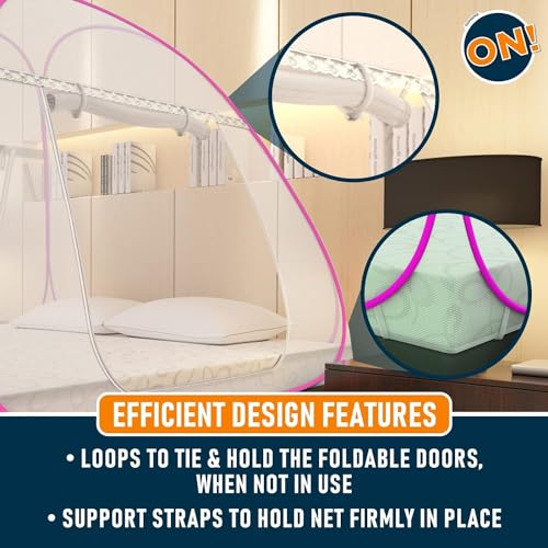 Image of Supreme On Single Bed Mosquito Net with Pocket for Mobile, Spectacles; 6.5 Feet x 4 Feet Premium Machardani, Strong and Durable, 30 GSM, Tent Type, Foldable, Corrosion Resistant, Pink Color