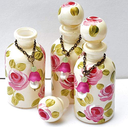 Single Cute Small Miniature Mini Glass Perfume Bottle Apothecary Jar with Stopper Cap Hand Painted Roses Shabby Chic Decor Vanity Accessories Little Gift for Women