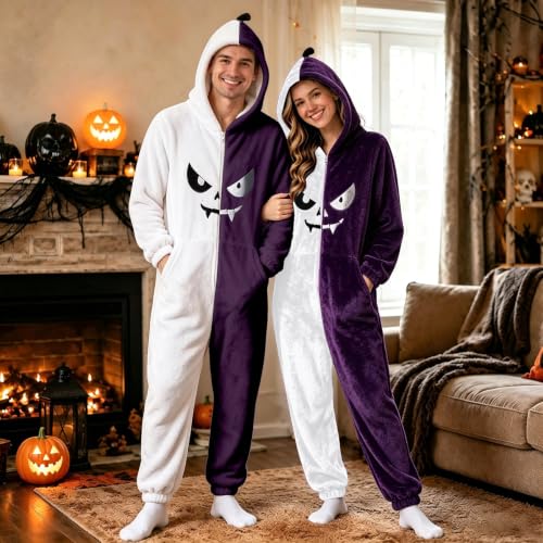 GAHIEDIM Onesie Adult, Onesie Adult Plus Size Halloween Pumpkin Pajamas Warm For Costumes Plush Hooded Costume Adults Purple 01 Large - image 2