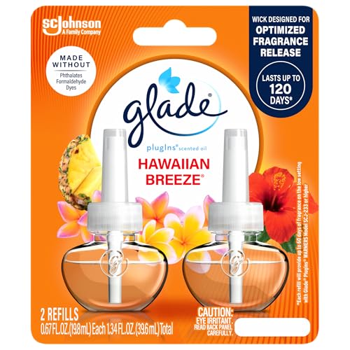 Glade PlugIns Refills Air Freshener, Scented and Essential Oils for Home and Bathroom, Hawaiian Breeze, 1.34 Fl Oz, 2 Count