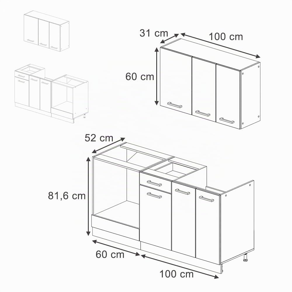 Vicco Singleküche R-Line, Weiß Hochglanz/Anthrazit, 160 cm | mit Herdumbauschrank und Spüle mit AP, zur Integration von Elektrogeräten und Spüle vorbereitet