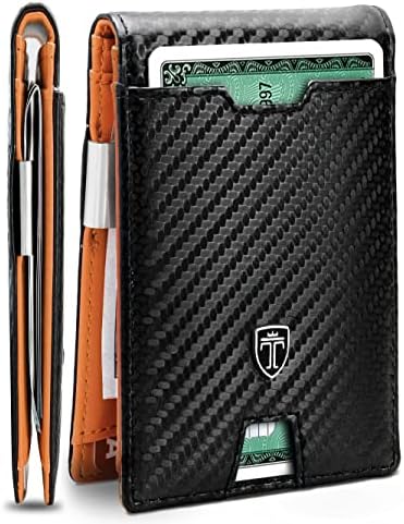 TRAVANDO Mens Slim Wallet with Money Clip AUSTIN RFID Blocking Bifold Credit Card Holder for Men with Gift Box (Carbon & Orange)