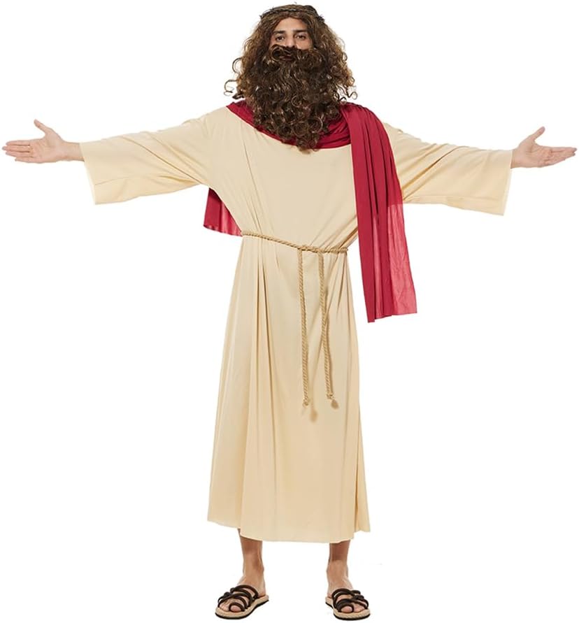 EraSpooky Adult Jesus Costume Men's Biblical Religious Saint Robe with Wig Waist Rope and Thorn Headdress - Image 5