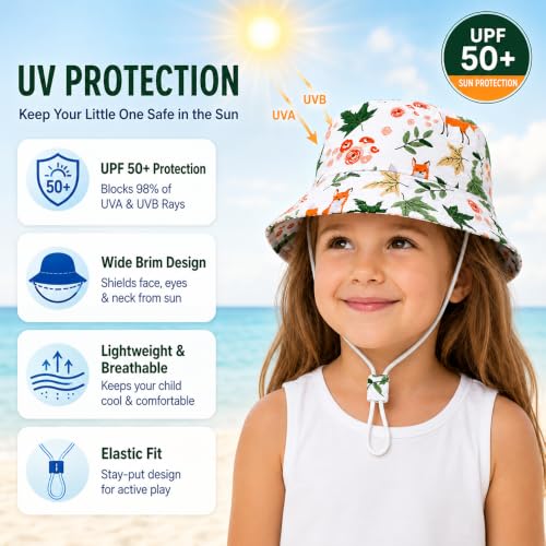 Image of VRITRAZ Unisex Kids Printed Bucket Hat | UV Protection Sun Hat with Adjustable Chin Strap & Summer Beach Travel Outdoor Cap for Toddlers & Children (4-12 Years)