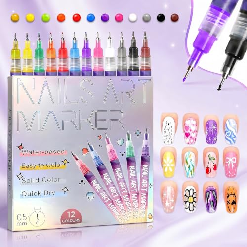 Gorvalin Stylos 3D pour Nail Art - 12 Couleurs, 0,5 mm, pour Vernis à Ongles, Nail Art Graffiti Pens, Dessin, Peinture - Pinceau pour Nail Art à Domicile,...