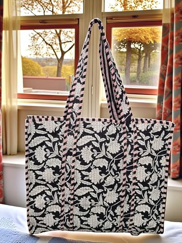 Image of Cotton Tiger Block Print Tote Bag, Indian Handmade Shopping Shoulder Bag, Unisex Market Daily Use