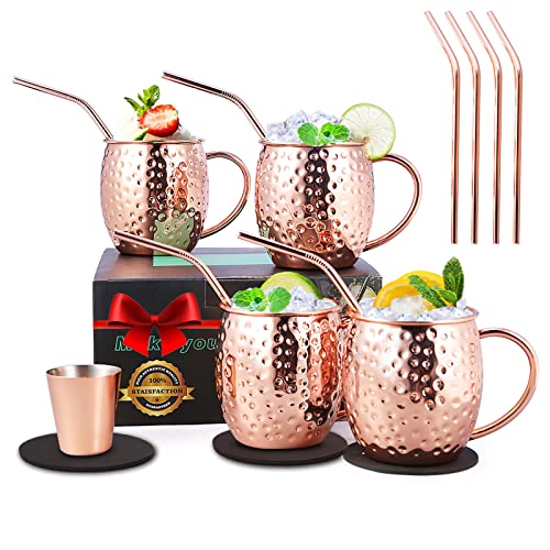 Moscow Mule Copper Mugs, Set of 4 Handcrafted Copper Mugs for Moscow Mule Cocktail, Food Safe Mule Mugs 16 oz Gift Set