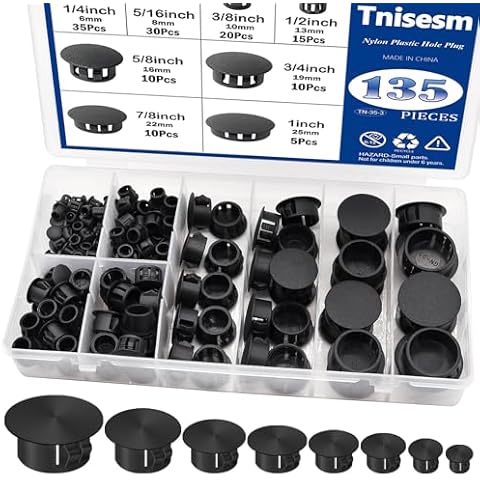 Tnisesm 135Pcs 8 Sizes Nylon Plastic Hole Plugs Black 1/4" 5/16" 3/8" 1/2" 5/8" 3/4" 7/8" 1" Round Drill Hole, Flush Type Panel Knockout Locking Plugs, Furniture Cabinet Insert End Caps Cover