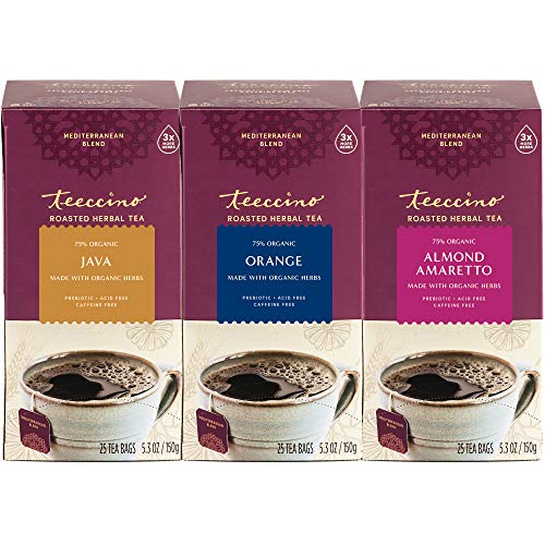 Teeccino Java, Orange, Almond Amaretto Herbal Tea Variety Pack - Roasted Herbal Tea Thatâs Caffeine Free & Prebiotic for Natural Energy, 25 Tea Bags (Pack of 3)