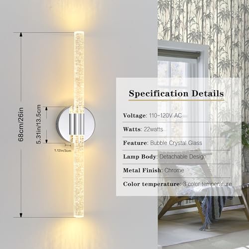 Image of Chrome Wall Sconce, 26'' Crystal Bathroom Light, LED Vanity Light, Dimmable, Over Mirror with Crystal Bubble Glass (3 Color Temperature)