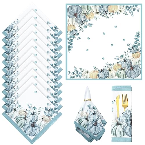 Qeeenar 12 servilletas de tela de otoño de 20 x 20 pulgadas, servilletas de tela de calabaza azul, Acción de Gracias, cosecha de otoño, calabaza, búfalo, a cuadros, decoración de cena, servilletas