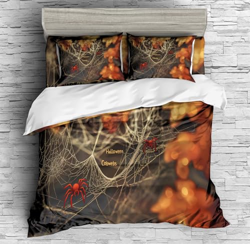 REALIN Cartoon Halloween Decoration Duvet Cover Set Spider Halloween Prints Bedding Girl Boy Kids Bed Sets 3/4PCS Quilt Covers/Sheets/Pillow Shams,Twin/Full/Queen/King (A,Twin-172x218cm-4PCS)