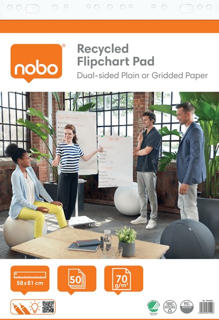 NOBO - Recharges de Papier Recyclé pour Paperboard 58 x 81 cm, Double-face Papier Uni/Papier Quadrillé, 50 Feuilles, 70 g/m², Lot de 2 Recharges de Papier...