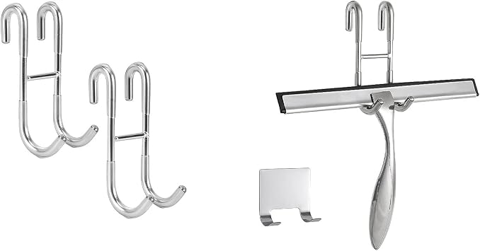 Simtive 10-Inch Shower Squeegee Includes 1 Shower Door Hook and 1 Adhesive Hook, Shower Door Hooks 2-Pack, Both Silver, 2 Item Bundle