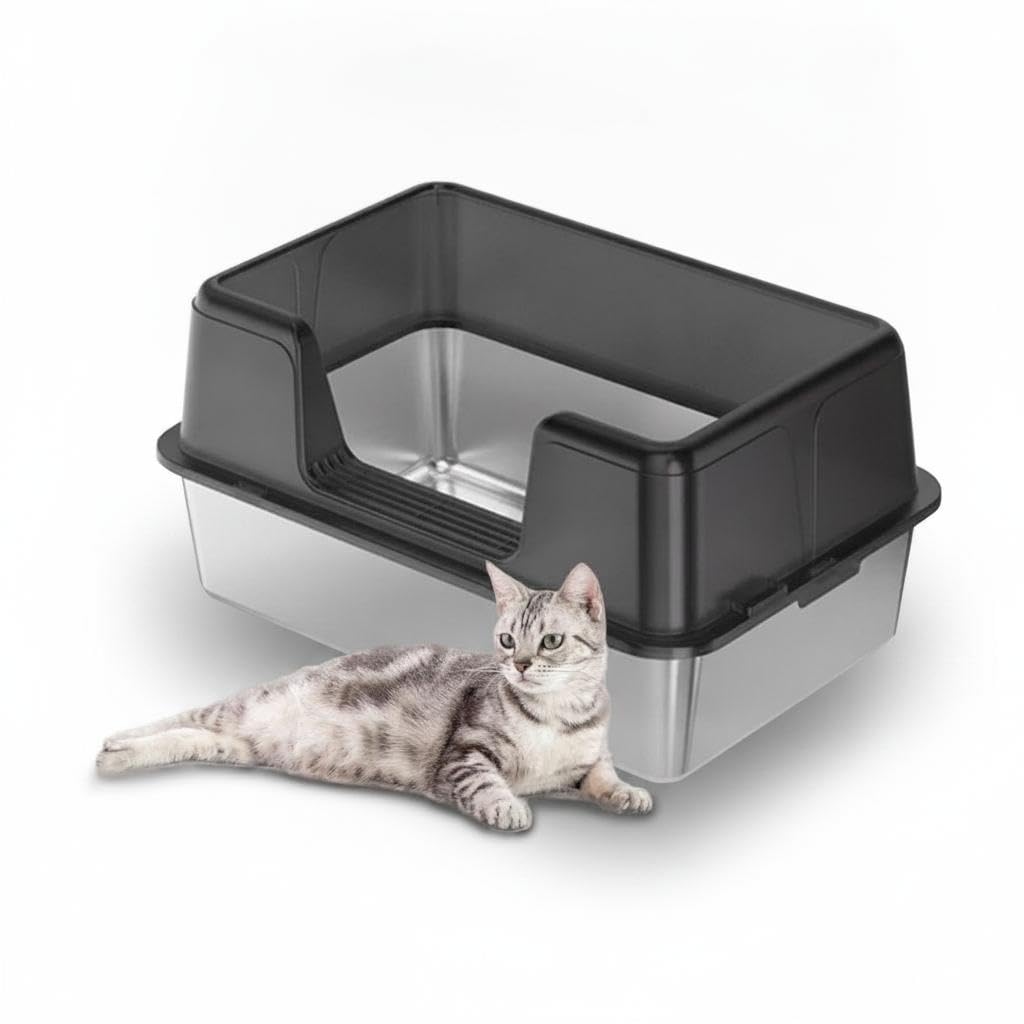 60x40x31.5 cm Stainless Steel Cat Litter Tray with Scoop, Non-Slip Mat