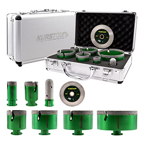 Tile Hole Saw Kit - 6pcs Diamond Core Drill Bits 25/35/50/65/75/102mm+1pc 3/4" Finger Milling Bit+1pc 4-1/2" Cutting Grinding disc 5/8-11" Thread for Porcelain Ceramic Tile Granite Marble