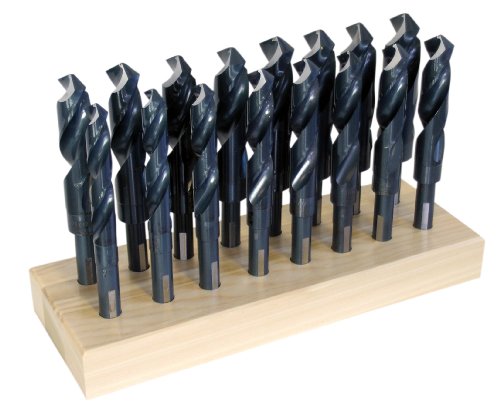 Chicago Latrobe 190F High-Speed Steel Reduced Shank Drill Bit Set With Stand, Black Oxide, Round Shank with Flats, 118 Degree Split Point, 16-Piece