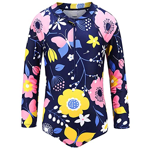 L SERVER Bañador Natacion Niña Traje de Baño Una Pieza Manga Larga Playa Protección Solar para Edad 4-12 Años, Flores, 110 Cover