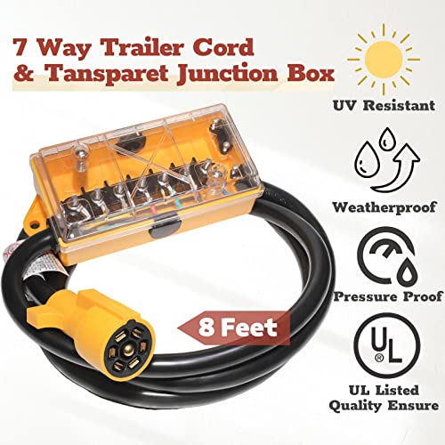 Mecmo 7 Way Plug Inline Trailer Cord 8Ft W/ 7 Gang Junction Box, Ul Listed Heavy Duty 7 Terminals Trailer Electrical Box Waterproof Clear Transparent Cover For Rewiring Rv Camper Trailer Light, Yellow #TOP1