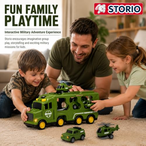 Image of Storio 5 in 1 Military Army Truck Toy for Kids 3-5 Years Boys | Transport Carrier Vehicle Set with Tank Helicopter Combat Cars | Friction Powered Light Sound Toys for 3 4 5 6 7 Years Old