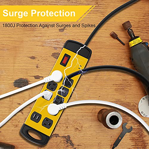 Heavy Duty Surge Protector With Usb,8 Outlets Metal Power Strip,Heavy Duty Power Strip With 6Ft Cord,1800 Joules,15A Circuit Breaker,Wall Mount,Workshop,Garage Extension Cord #TOP2