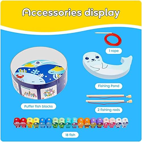 Nukied Wooden Magnetic Fishing Games 18PCS 3 in 1 3D Fish Catching Counting Wooden Lacing Beads Montessori Toys Educational Learning Toys for 2 3 4 5 6 Years Old Kids Toddler Boys Girls