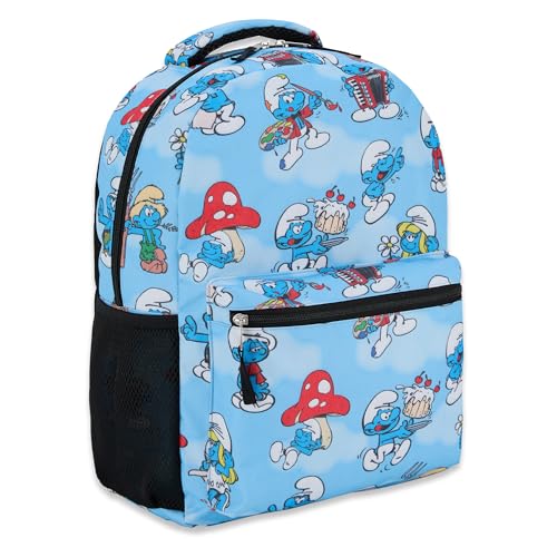 Smurfs Allover Print Backpack - Smurfs, Smurfette, Papa Smurf and Gargamel - Adult and Kids School Bag (Blue)
