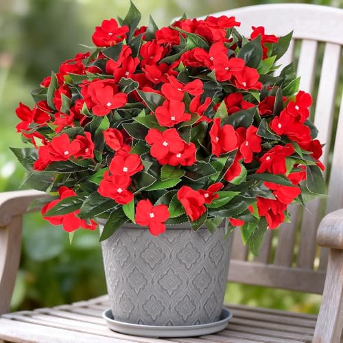 PABREY 6 Bundles Artificial Impatiens Flowers for Outdoors Realistic Silk Faux Fake Flowers UV Resistant Outdoor Artificial Plants for Spring Summer Porch Yard Patio Garden Home Decor (Red)