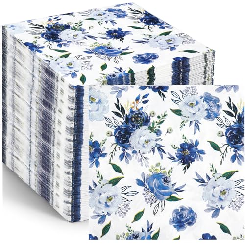 Tatuo 100 Pcs Floral Napkins Disposable Hand Towels Flower Napkins Disposable Paper Guest Napkins Decorative Paper Towels for Bathroom Wedding Birthday Baby Shower Kitchen Table, 6.5x6.5in, Navy Blue