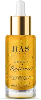 24K Gold Radiance Beauty Boosting Face Elixir, Face Serum with Organic Blend of Rosehip, Saffron and Olive Oil for Glowing Skin, Pre-Makeup Primer, Golden Glow |0.20 Fl Oz - RAS LUXURY OILS