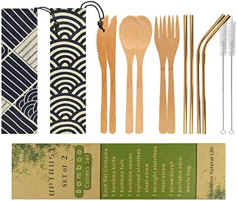 UPTRUST 2 Set Bamboo Cutlery Set Bamboo Utensils 6-piece Reusable Bamboo Flatware Set Travel Utensils 7.8 Inches Bamboo Knife, Fork, Spoon, 3 colors Metal Straw with Clean Brush (Rose Gold Straw)