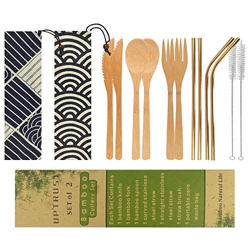 Uptrust 2 Set Bamboo Cutlery Set Bamboo Utensils 6-Piece Reusable Bamboo Flatware Set Travel Utensils 7.8 Inches Bamboo Knife, Fork, Spoon, 3 Colors Metal Straw With Clean Brush (Rose Gold Straw) #TOP6