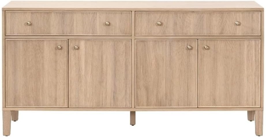 Pemberly Row Contemporary Media Sideboard, 63" x 31.5", Solid Oak Wood and Veneer, Natural Oak Finish, Fluted Fronts, Brass Iron Knobs, Felt-Lined Soft-Close Drawers, Adjustable Shelves, Living Room