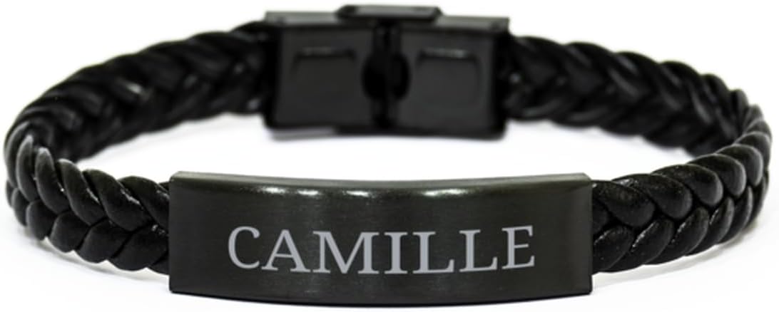 Gifts For Camille - Trendy Custom Name ID Plate Bracelet Braided Leather Bracelet Christmas Birthday Gifts For Daughter Sister Mom Wife Granddaughter Aunt Friends Girls Women, Engraved Adjustable