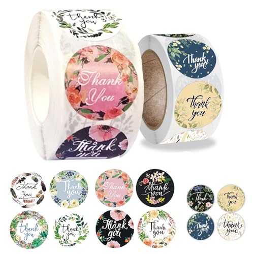 Thank You Stickers 1000 pcs, 1.5 Inch 500 Pcs and 1 inch 500 pcs, Spring Flower Thank You for Stickers for Your Order, Packaging, Envelopes, Small Business Use (Colorful Flower Design)
