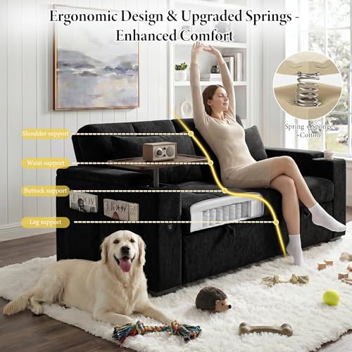 Image of Dreamzie 65'' Convertible Sleeper Sofa Bed with 90 Swivel Side Table, Chenille Pull Out Couch for Living Room, Loveseat Sleeper with Hidden Storage Space | Charging Port | Cup Holders, Black