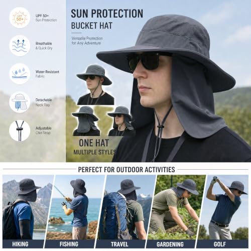 Image of Sun Hat Bucket Hats for Men Women,Outdoor Wide Brim Fishing Hat with Detachable Face Cover & Neck Flap UV Protection