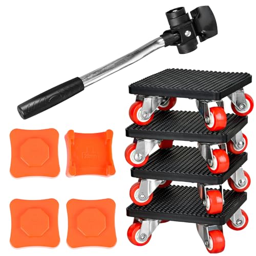 4 Piezas Mover Muebles Pesados Juego, con Giro de 360° y Capacidad de Carga de 500 kg, con 4 Almohadilla de Elevación y Varillas Extensión, para Transportar Muebles (Negro, Talla única)