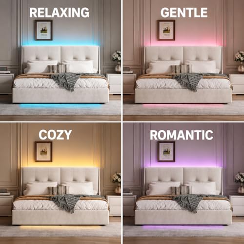Miniatura 6 de Cama Tapizada 140x200 Con Almacenamiento, Cama Matrimonial Con Cajones, Cama Nido Con Led, Cabecero Acolchado Y Base De Láminas, Terciopelo Beige, 140 X 200 Cm