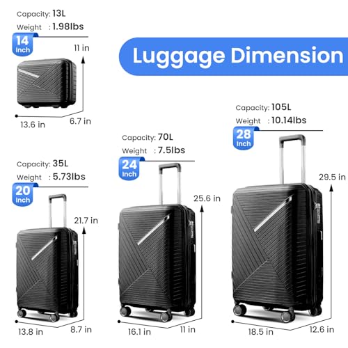 Luggage Sets 4 Piece Expandable (Only 24"&28") Lightweight Carry On Suitcase with 4 Double 360° Mute Spinner Wheels TSA Lock Durable Hard Shell Travel Luggage, Black (14/20/24/28 Inch)2