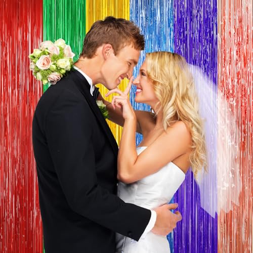 Image of Rainbow Metallic Tinsel Foil Fringe Curtains Backdrop, 2Pack Party Streamers for Birthday Party Decorations Halloween Christmas Decors Foil Curtain Backdrop for Bachelorette Bridal Anniversary Party