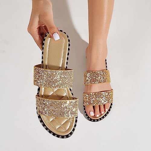 Image of Women's Open Toe Flat Sandals Rhinestone Glitter On Casual Fashion Slippers Quick Drying Indoor & Outdoor Slides